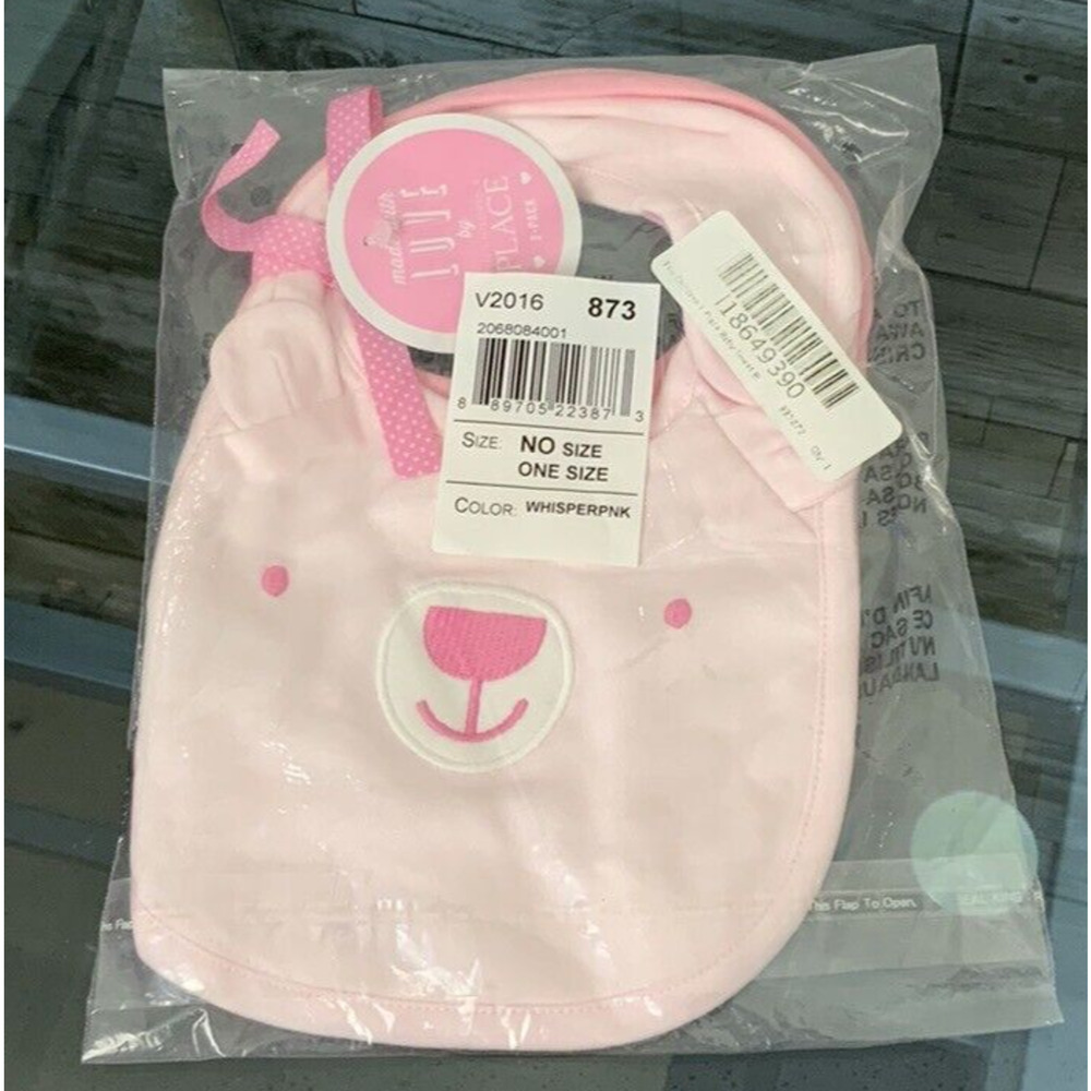 Children's Place Infant Girls 2pk Pink Bibs Bear Face One Size NEW